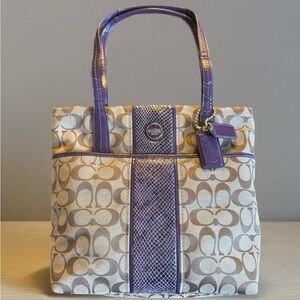 Coach Beige Jacquard & Purple Python Tote F25706